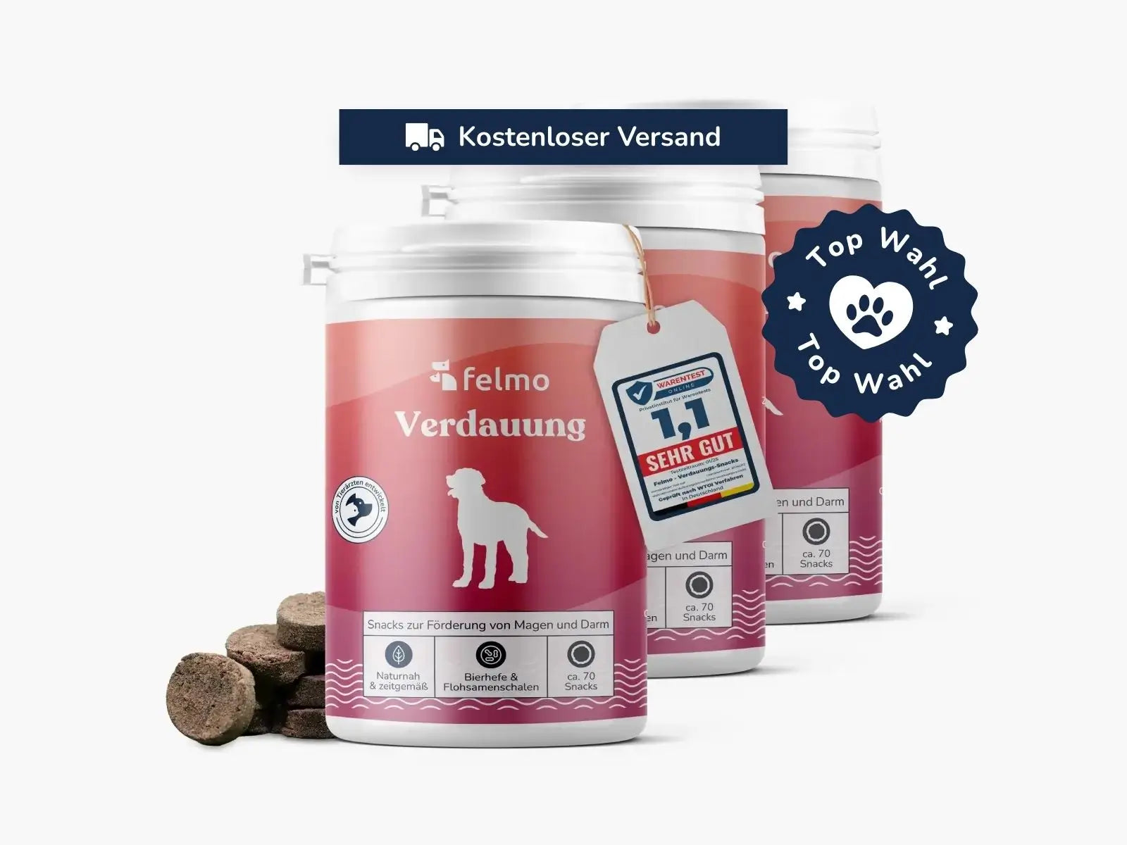 felmo 3x Verdauungs-Snacks für Hunde, Vorderansicht der Verpackung 
