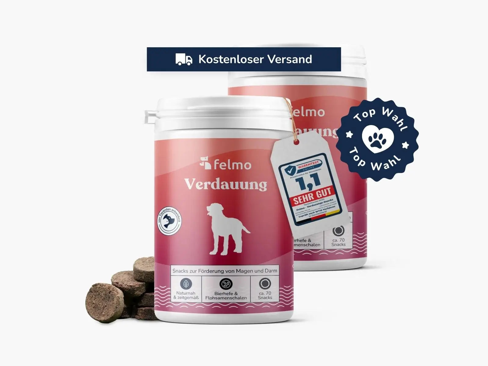 2x felmo Verdauungs-Snacks für Hunde, Vorderansicht der Verpackung 