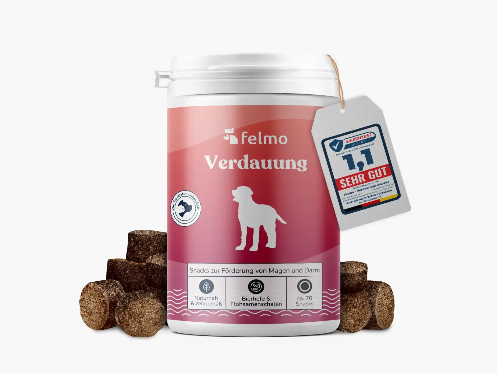 felmo Verdauungs-Snacks für Hunde 180g, Vorderansicht der Verpackung Warentest sehr gut 