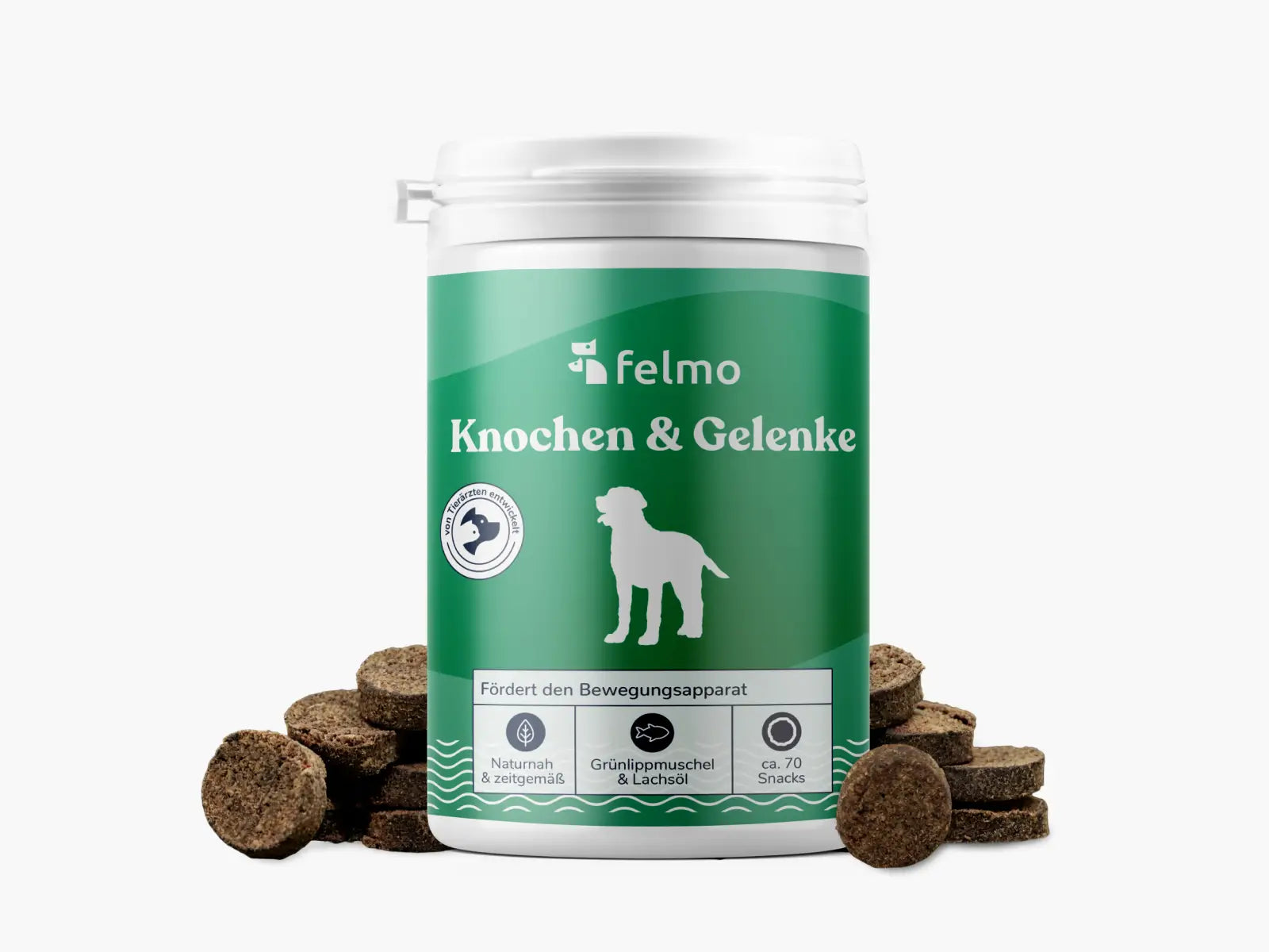 felmo Knochen- und Gelenk-Snacks für Hunde 180g, Vorderansicht der Verpackung 
felmo Knochen- und Gelenk-Snacks für Hunde 180g, Vorderansicht der Verpackung 
